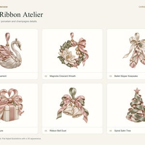 May include: A collection of six Christmas ornaments titled Winter Ribbon Atelier, featuring a satin swan, magnolia wreath, ballet slippers, gift box, bell duet, and spiral tree, all rendered in ivory, champagne, and soft pink tones.
