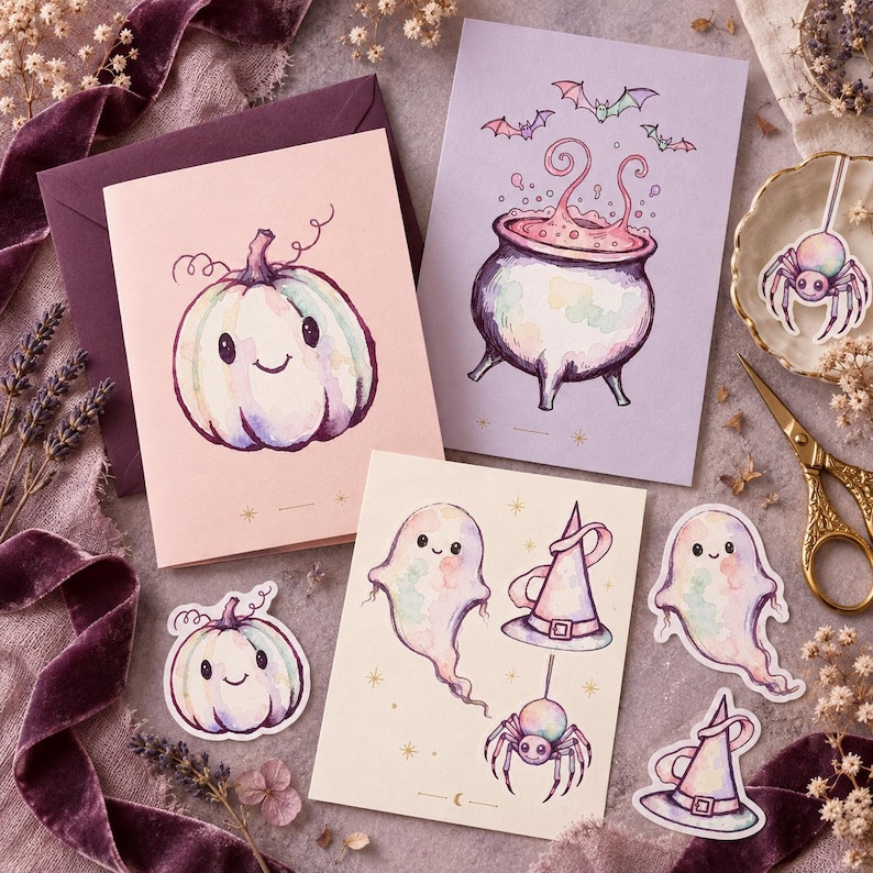 May include: A collection of stationery featuring watercolor illustrations of a smiling pumpkin, a bubbling cauldron with bats, and ghosts with witch hats and spiders. The set includes greeting cards, die-cut stickers, and envelopes.