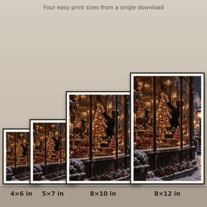 May include: A digital art print file featuring a festive holiday shop window scene with a decorated Christmas tree, reindeer, and snow. The text reads: ONE FILE &middot; PRINTS BEST UP TO 8x12" and Four easy print sizes from a single download.