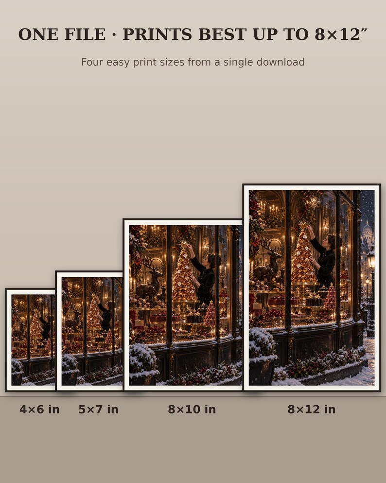 May include: A digital art print file featuring a festive holiday shop window scene with a decorated Christmas tree, reindeer, and snow. The text reads: ONE FILE &middot; PRINTS BEST UP TO 8x12" and Four easy print sizes from a single download.
