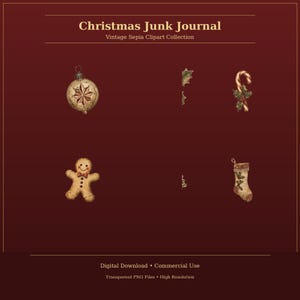 以下が含まれることがあります： 「Christmas Junk Journal Vintage Sepia Clipart Collection」と題されたデジタルコレクション。星柄のオーナメント、ヒイラギ付きのキャンディケイン、ジンジャーブレッドマン、靴下のイラストが暗い赤色の背景に配置されています。