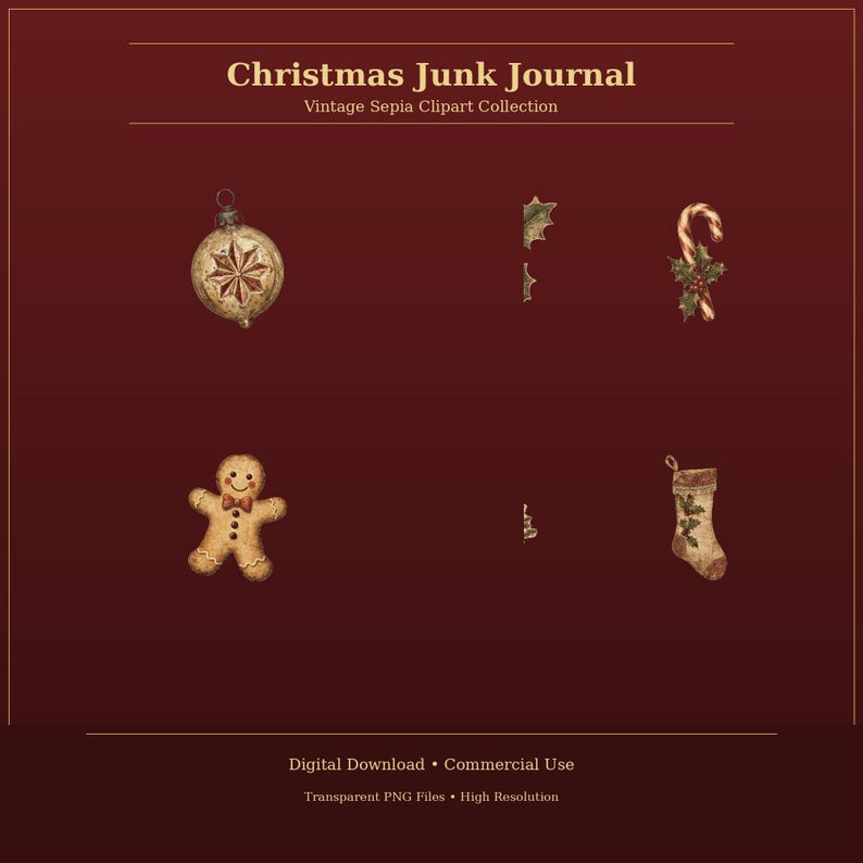 以下が含まれることがあります： 「Christmas Junk Journal Vintage Sepia Clipart Collection」と題されたデジタルコレクション。星柄のオーナメント、ヒイラギ付きのキャンディケイン、ジンジャーブレッドマン、靴下のイラストが暗い赤色の背景に配置されています。