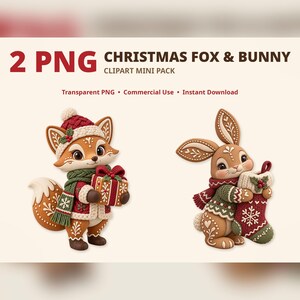 Puede incluir: Un conjunto de im&aacute;genes predise&ntilde;adas digitales con dos personajes: un zorro con gorro rojo y bufanda verde sosteniendo un regalo, y un conejo con bufanda verde sosteniendo un calcet&iacute;n navide&ntilde;o. El texto dice 2 PNG CHRISTMAS FOX & BUNNY.