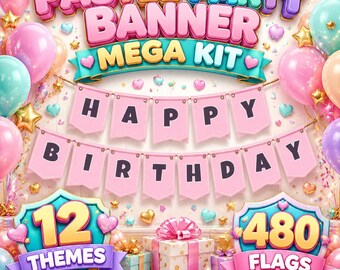 Pastel Party Banner Mega Kit 12 Themes Printable Banner Alphabet Letters Numbers Baby Shower Bridal Shower Birthday Bunting