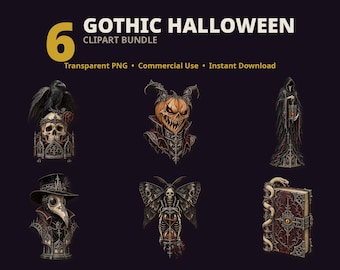 May include: A digital clipart bundle titled 6 GOTHIC HALLOWEEN featuring six illustrations: a raven on a skull, a pumpkin creature, a cloaked figure with a lantern, a plague doctor, a moth with a skull, and a book with a snake.