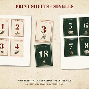 May include: Printable advent calendar cards featuring numbers 1 through 8 and 18. The cards are displayed on two sheets and as singles, with cream and dark green backgrounds, red or white numerals, and small holiday illustrations.