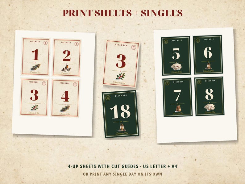 May include: Printable advent calendar cards featuring numbers 1 through 8 and 18. The cards are displayed on two sheets and as singles, with cream and dark green backgrounds, red or white numerals, and small holiday illustrations.