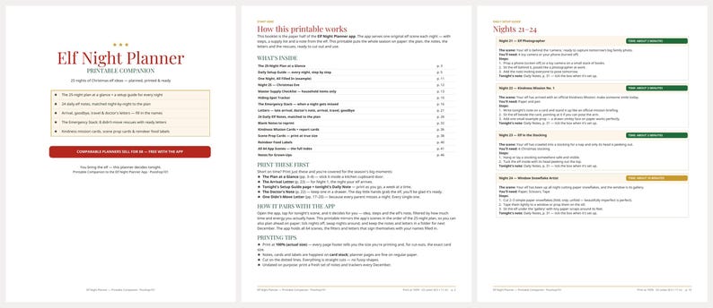 May include: A three-page printable Elf Night Planner document featuring text instructions, checklists, and activity guides for 25 nights of Christmas. The pages include headers, bulleted lists, and numbered steps for holiday planning and elf-themed activities.