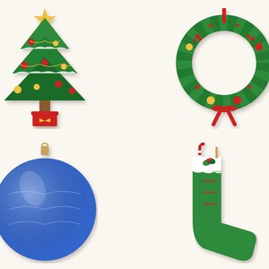 May include: A set of four holiday icons featuring a green Christmas tree with a yellow star, a green wreath with red and yellow ornaments, a round blue ornament with a subtle wave pattern, and a green stocking with a white cuff and red trim.