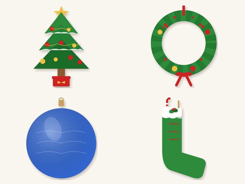 May include: A set of four holiday icons featuring a green Christmas tree with a yellow star, a green wreath with red and yellow ornaments, a round blue ornament with a subtle wave pattern, and a green stocking with a white cuff and red trim.