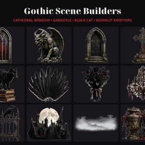 May include: A collection of Gothic Scene Builders digital assets featuring a cathedral window, gargoyle, stone door, cross, black cat on books, feather fan, black rose bouquet, cobwebbed chandelier, iron fence, rooftops, fog, and stone urns.
