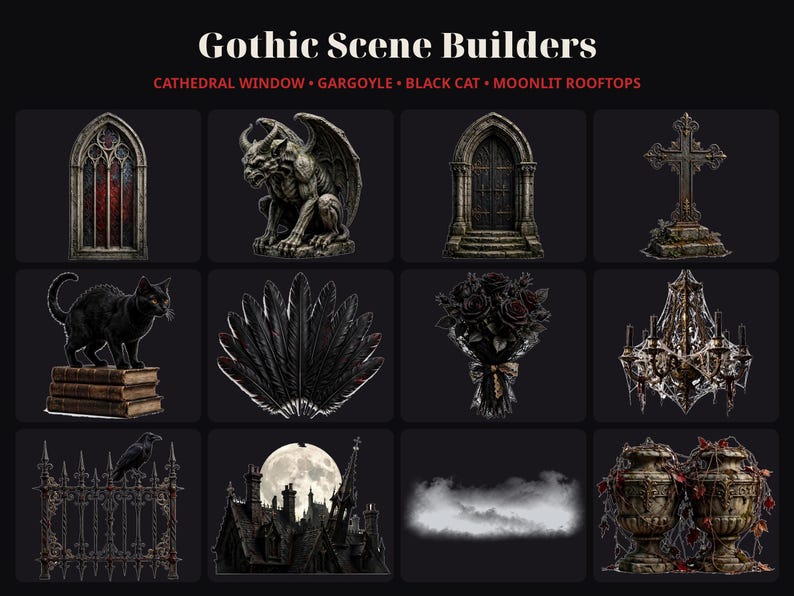 May include: A collection of Gothic Scene Builders digital assets featuring a cathedral window, gargoyle, stone door, cross, black cat on books, feather fan, black rose bouquet, cobwebbed chandelier, iron fence, rooftops, fog, and stone urns.