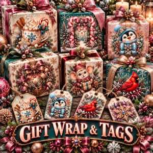 May include: A collection of Christmas gift boxes and matching tags featuring festive illustrations of a penguin, a cardinal, a mouse, and a mug of cocoa. The set includes decorative bows, pinecones, and berries, with a banner reading GIFT WRAP & TAGS.