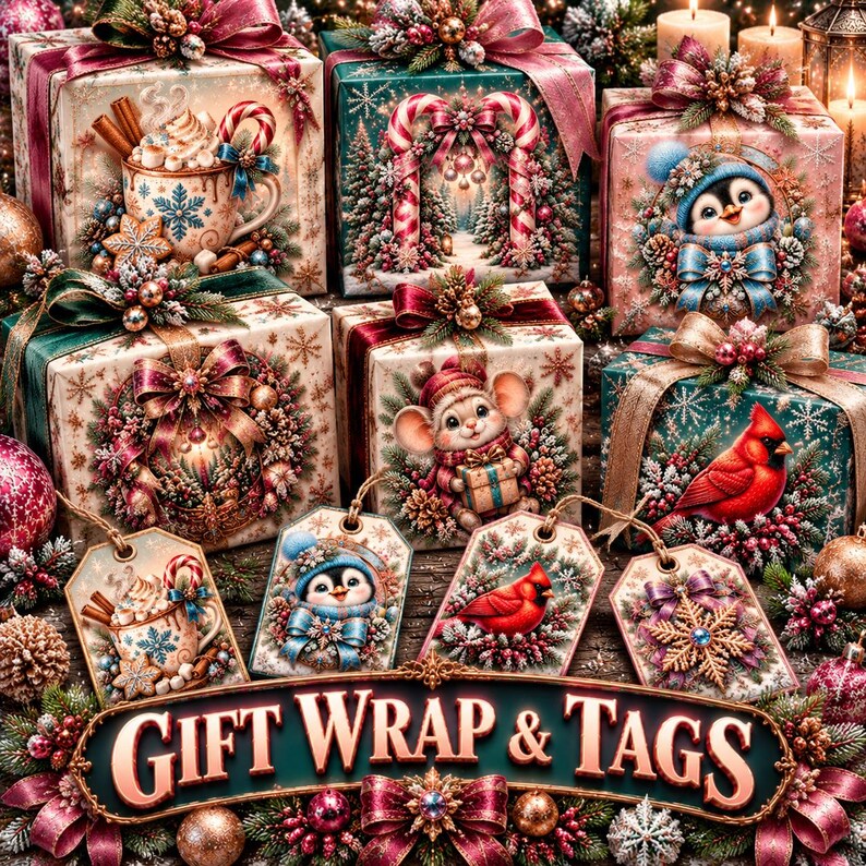 May include: A collection of Christmas gift boxes and matching tags featuring festive illustrations of a penguin, a cardinal, a mouse, and a mug of cocoa. The set includes decorative bows, pinecones, and berries, with a banner reading GIFT WRAP & TAGS.