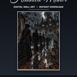 K&ouml;nnte beinhalten: Digitales Wandbild mit dem Titel Haunted Manor, Instant Download. Das Bild zeigt eine Gruppe von Figuren in dunkler Kleidung im viktorianischen Stil, die nachts mit leuchtenden Laternen durch einen Friedhof auf ein gotisches Schloss zugehen.