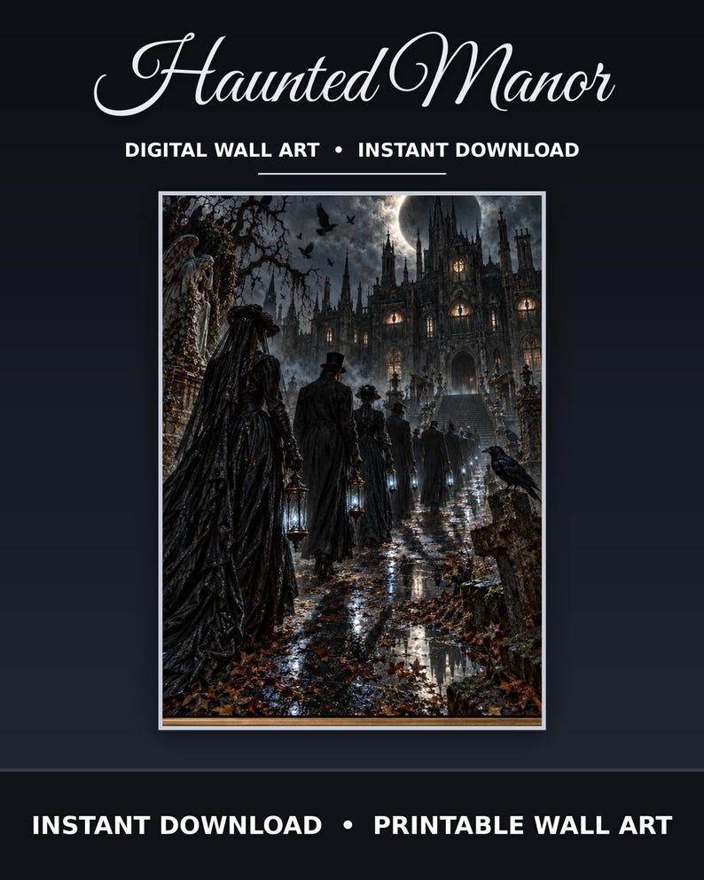 K&ouml;nnte beinhalten: Digitales Wandbild mit dem Titel Haunted Manor, Instant Download. Das Bild zeigt eine Gruppe von Figuren in dunkler Kleidung im viktorianischen Stil, die nachts mit leuchtenden Laternen durch einen Friedhof auf ein gotisches Schloss zugehen.