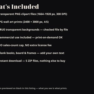 May include: A digital product listing on a black background titled What's Included, featuring 40 transparent PNG clipart files at 1664-1920 px, 300 DPI, and 10 JPG wall art prints at 2400 x 3000 px, 4:5 ratio, with five checkmarks for features.