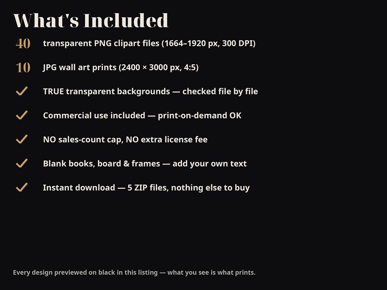 May include: A digital product listing on a black background titled What's Included, featuring 40 transparent PNG clipart files at 1664-1920 px, 300 DPI, and 10 JPG wall art prints at 2400 x 3000 px, 4:5 ratio, with five checkmarks for features.