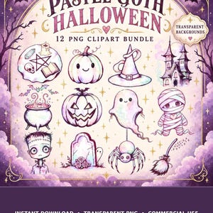 May include: A digital clipart bundle titled Pastel Goth Halloween featuring 12 illustrations including a pumpkin, witch hat, haunted house, cauldron, ghost, mummy, Frankenstein-style character, tombstone, spider, and broomstick in pastel colors.