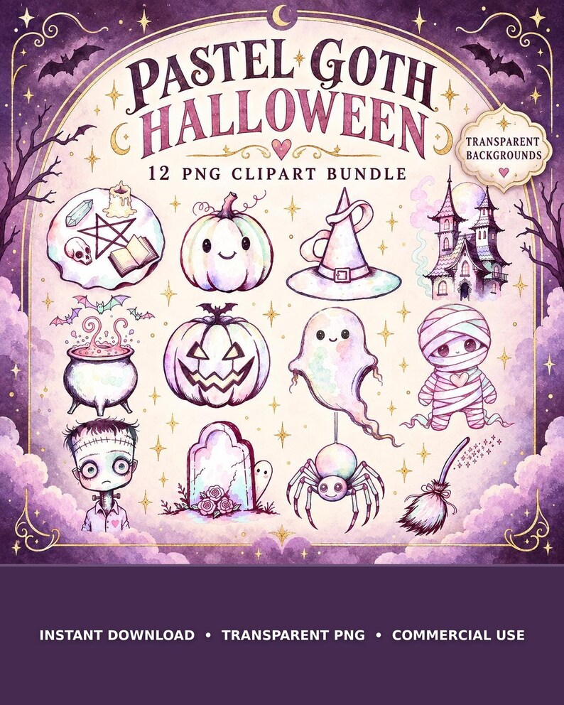 May include: A digital clipart bundle titled Pastel Goth Halloween featuring 12 illustrations including a pumpkin, witch hat, haunted house, cauldron, ghost, mummy, Frankenstein-style character, tombstone, spider, and broomstick in pastel colors.