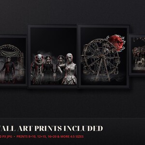 K&ouml;nnte beinhalten: Ein Set aus vier gerahmten Wandkunstdrucken mit dunklen Motiven wie einer Figur in einem Torbogen, einer Gruppe, einem Riesenrad unter einem roten Mond und einem Karussell. Der Text 10 WALL ART PRINTS INCLUDED 2400 x 3000 PX JPG PRINTS 8x10, 12x15, 16x20 & MORE 4:5 SIZES ist sichtbar.
