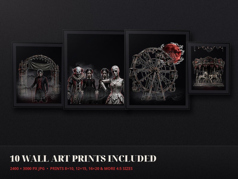 K&ouml;nnte beinhalten: Ein Set aus vier gerahmten Wandkunstdrucken mit dunklen Motiven wie einer Figur in einem Torbogen, einer Gruppe, einem Riesenrad unter einem roten Mond und einem Karussell. Der Text 10 WALL ART PRINTS INCLUDED 2400 x 3000 PX JPG PRINTS 8x10, 12x15, 16x20 & MORE 4:5 SIZES ist sichtbar.