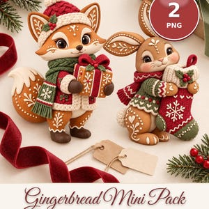 Puede incluir: Dos figuras de arcilla 3D de un zorro y un conejo con ropa de invierno. El zorro sostiene un regalo y el conejo un calcet&iacute;n navide&ntilde;o. Texto: 2 PNG, Gingerbread Mini Pack, 2 PNG, 3D Clay Style, Instant Download, Transparent PNG.