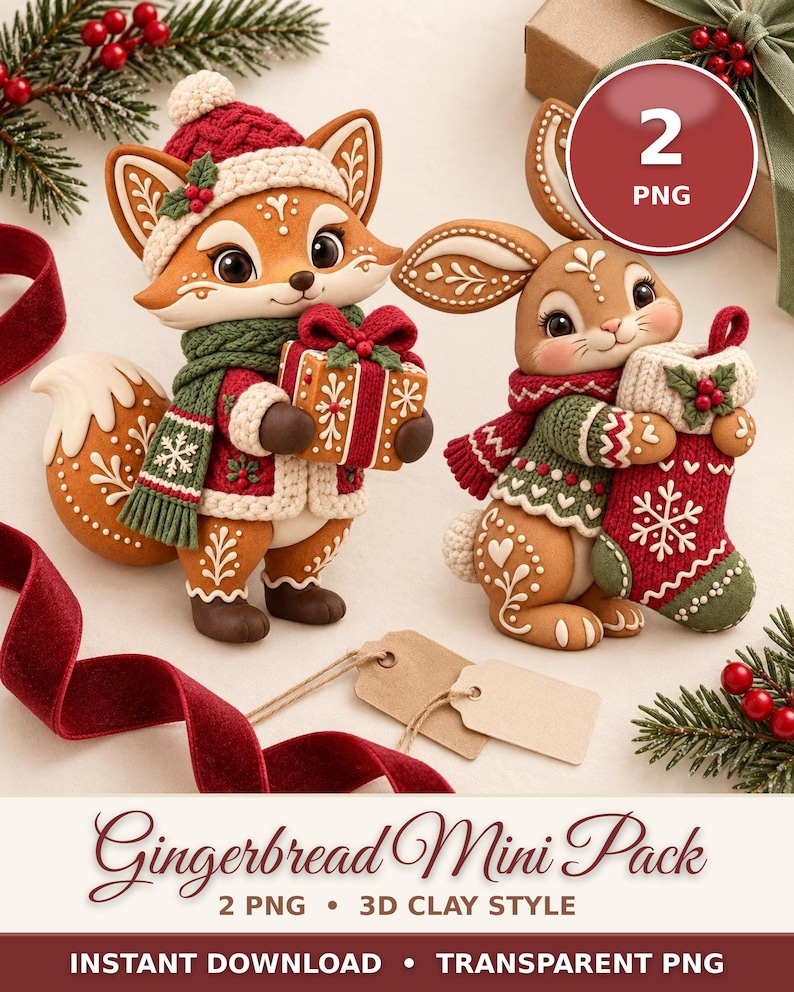 Puede incluir: Dos figuras de arcilla 3D de un zorro y un conejo con ropa de invierno. El zorro sostiene un regalo y el conejo un calcet&iacute;n navide&ntilde;o. Texto: 2 PNG, Gingerbread Mini Pack, 2 PNG, 3D Clay Style, Instant Download, Transparent PNG.