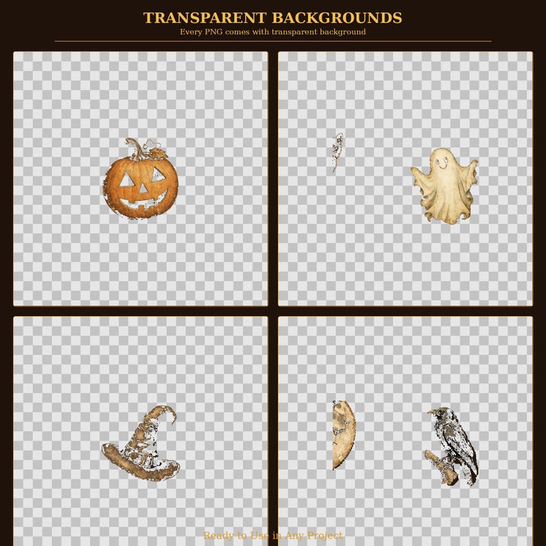May include: A digital collection of four Halloween-themed illustrations featuring an orange jack-o'-lantern, a beige ghost, a brown witch hat, and a black crow perched on a branch, all set against a transparent checkerboard background.