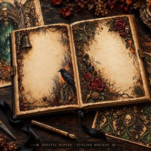 May include: An open book with aged parchment pages featuring intricate illustrations of a black raven, red roses, skulls, and a hanging bell. The surrounding area includes ornate scissors, a fountain pen, and patterned paper.