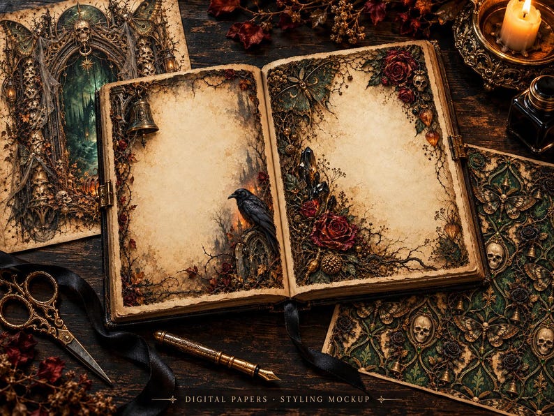 May include: An open book with aged parchment pages featuring intricate illustrations of a black raven, red roses, skulls, and a hanging bell. The surrounding area includes ornate scissors, a fountain pen, and patterned paper.