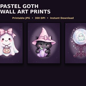 May include: Six wall art prints featuring illustrations of a ghost with a bow holding a pumpkin, a black cat in a pink hat holding a pumpkin, and a ghost inside a crystal ball. Text reads 6 PASTEL GOTH WALL ART PRINTS, Printable JPG, 300 DPI, Instant Download.