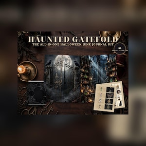 May include: A Haunted Gatefold Halloween junk journal kit with 54 sheets in Letter and A4 sizes. The kit features printed pages showing a moonlit iron gate with ravens, a potion-filled apothecary shelf, and a sheet of small decorative stickers.