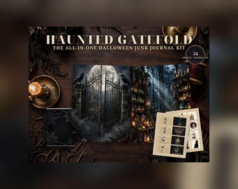 Vintage Halloween Junk Journal Kit Printable, Gothic Gatefold Folio Kit, Witchy Ephemera, Pockets, Fussy Cuts, Tags & Tickets, Grimoire