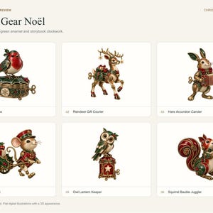 May include: A collection of six Golden Gear No&euml;l clockwork figurines featuring a robin music box, a reindeer gift courier, a hare accordion caroler, a mouse gift cart, an owl lantern keeper, and a squirrel bauble juggler in antique brass and green.