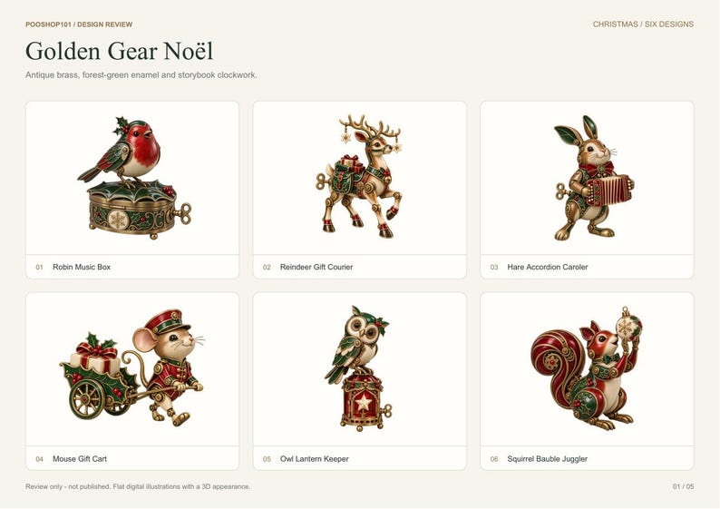 May include: A collection of six Golden Gear No&euml;l clockwork figurines featuring a robin music box, a reindeer gift courier, a hare accordion caroler, a mouse gift cart, an owl lantern keeper, and a squirrel bauble juggler in antique brass and green.