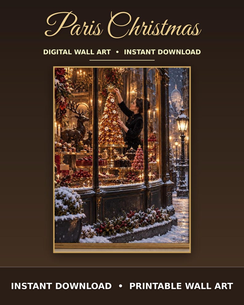 May include: Digital wall art titled Paris Christmas featuring a storefront window display with a decorated tree, a reindeer statue, and pastries. The scene includes a person placing a star topper on the tree, with snow outside.