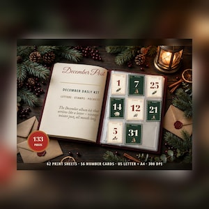 May include: A December Daily Kit featuring an open book with the text December Post, December Daily Kit, Letters, Stamps, Pockets, and a description. Includes 133 pieces, 62 print sheets, 56 number cards, US Letter, A4, and 300 DPI.
