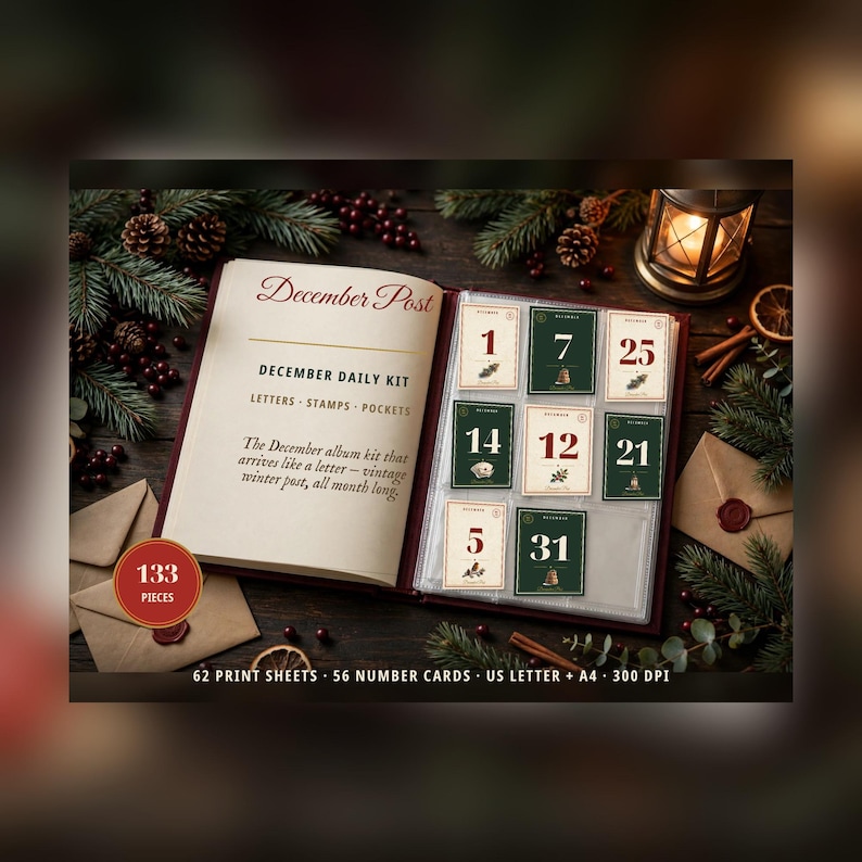 May include: A December Daily Kit featuring an open book with the text December Post, December Daily Kit, Letters, Stamps, Pockets, and a description. Includes 133 pieces, 62 print sheets, 56 number cards, US Letter, A4, and 300 DPI.
