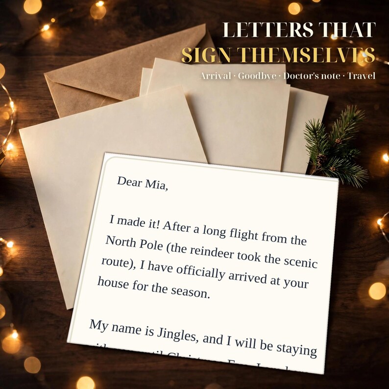 May include: A white letter addressed to Mia, stating arrival from the North Pole, accompanied by blank envelopes. The text reads: Letters That Sign Themselves, Arrival, Goodbye, Doctor's note, Travel, Dear Mia, I made it! After a long flight.