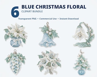 Könnte beinhalten: Ein digitales Clipart-Paket mit dem Titel 6 BLUE CHRISTMAS FLORAL, das sechs Illustrationen von weihnachtlichen Ornamenten enthält, darunter ein Weihnachtsstern in einer Vase, eine Glocke, eine glockenförmige Blume, ein Tannenzapfen, ein Blumenstrauß und ein kleiner Baum.