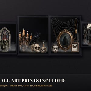 May include: A collection of four framed wall art prints featuring dark imagery including a stone angel, a raven on a skull, candelabras, a mirror with a figure, a doll head, a butterfly, and a house silhouette under a full moon.