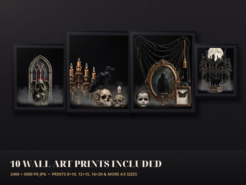 May include: A collection of four framed wall art prints featuring dark imagery including a stone angel, a raven on a skull, candelabras, a mirror with a figure, a doll head, a butterfly, and a house silhouette under a full moon.