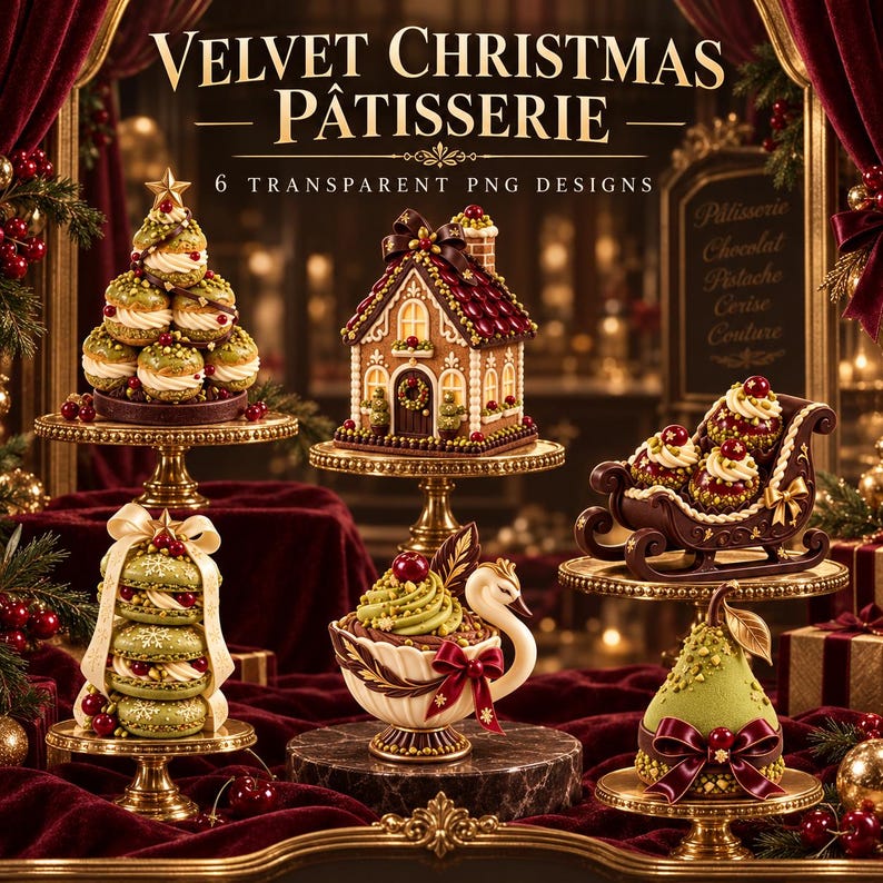 May include: A digital collection titled VELVET CHRISTMAS P&Acirc;TISSERIE 6 TRANSPARENT PNG DESIGNS featuring six festive desserts: a croquembouche tree, a gingerbread house, a chocolate sleigh, stacked macarons, a swan pastry, and a pear-shaped cake.