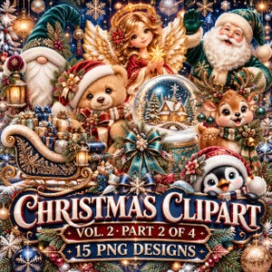 Christmas Clipart Bundle Vol. 2 Part 2 | 15 Transparent PNG | Angel, Gnome, Wreath, Snow Globe, Sleigh | Commercial Use image 1