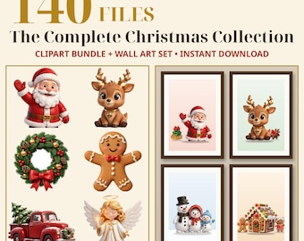 Complete Christmas Collection, Christmas Clipart + Printable Wall Art, 60 PNG & 12 Prints, Nursery Decor, Commercial Use, Instant Download