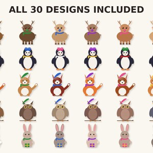 May include: A collection of 30 digital character illustrations arranged in a grid, featuring reindeer, penguins, foxes, owls, and rabbits. Each character wears a colorful scarf and a matching accessory, with the text ALL 30 DESIGNS INCLUDED at the top.