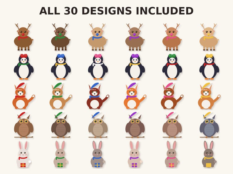 May include: A collection of 30 digital character illustrations arranged in a grid, featuring reindeer, penguins, foxes, owls, and rabbits. Each character wears a colorful scarf and a matching accessory, with the text ALL 30 DESIGNS INCLUDED at the top.