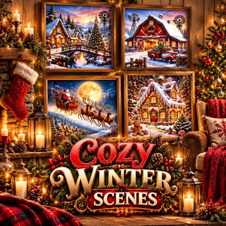 Christmas Wall Art Prints Vol. 2 | 12 Prints in 5 Sizes Each | Cozy Village, Cardinals, Gingerbread | Personal Use image 4