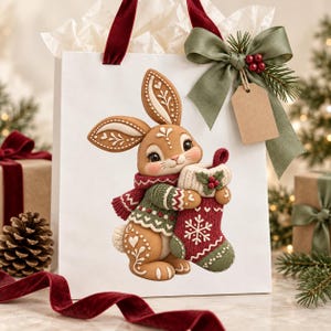 Puede incluir: Una bolsa de regalo blanca con una ilustraci&oacute;n de un conejo de jengibre que lleva un su&eacute;ter y una bufanda verde y roja, sosteniendo un calcet&iacute;n de punto rojo y verde. La bolsa est&aacute; decorada con un lazo verde salvia, bayas rojas y una etiqueta marr&oacute;n.